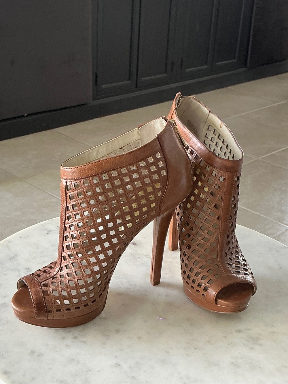 Michael Kors Tan Cutout Peep-Toe Stiletto Booties